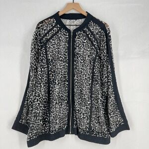 Avenue Sheer Bomber Jacket Womens 26/28 (3X) Black White Leopard Print Full Zip